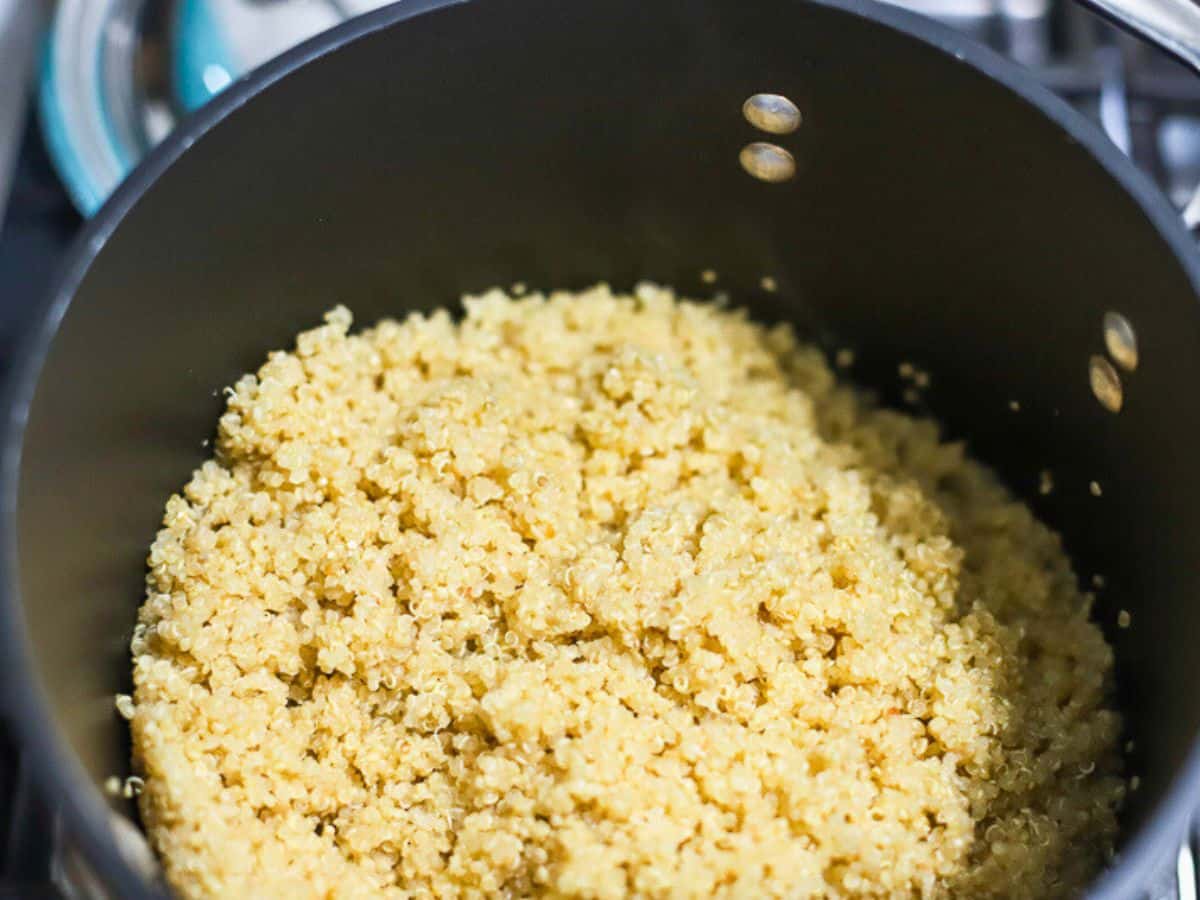 A pot of cooked quinoa.