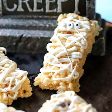 Mummy Rice Krispies treat with candy eyes.