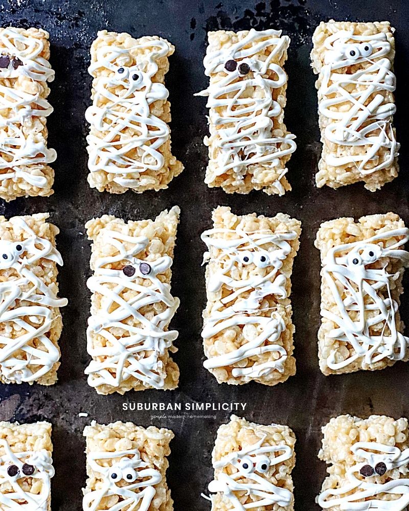 Rice Krispie Mummies on a pan