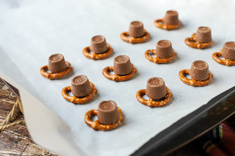 Rolo Pretzels on a baking tray.