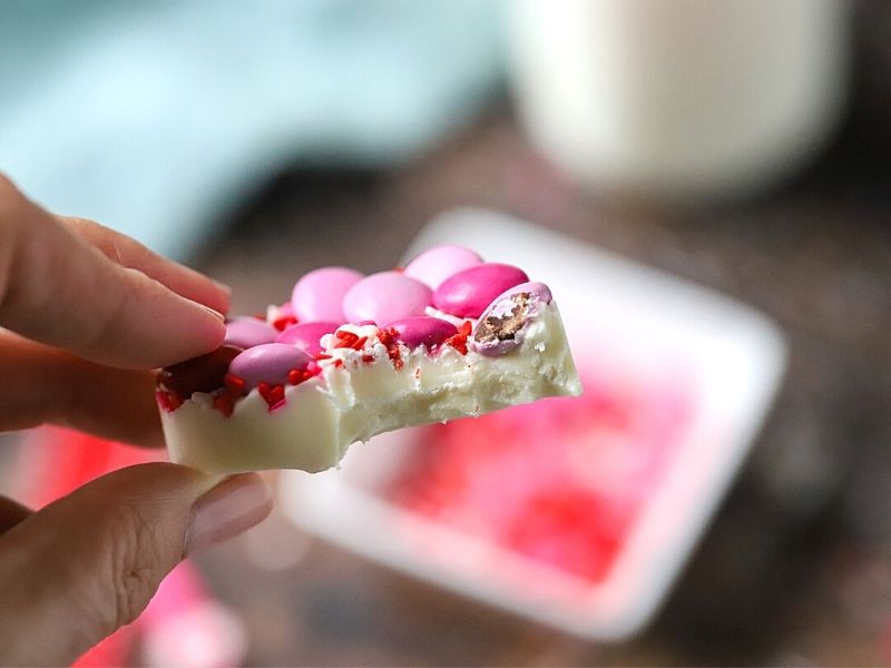 valentine's day bark with a bite out of it.