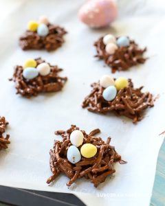 chocolate bird nests on a cookie sheet