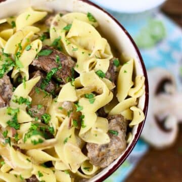 Beef stroganoff in a bowl.