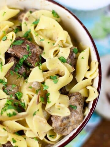 Beef stroganoff in a bowl.