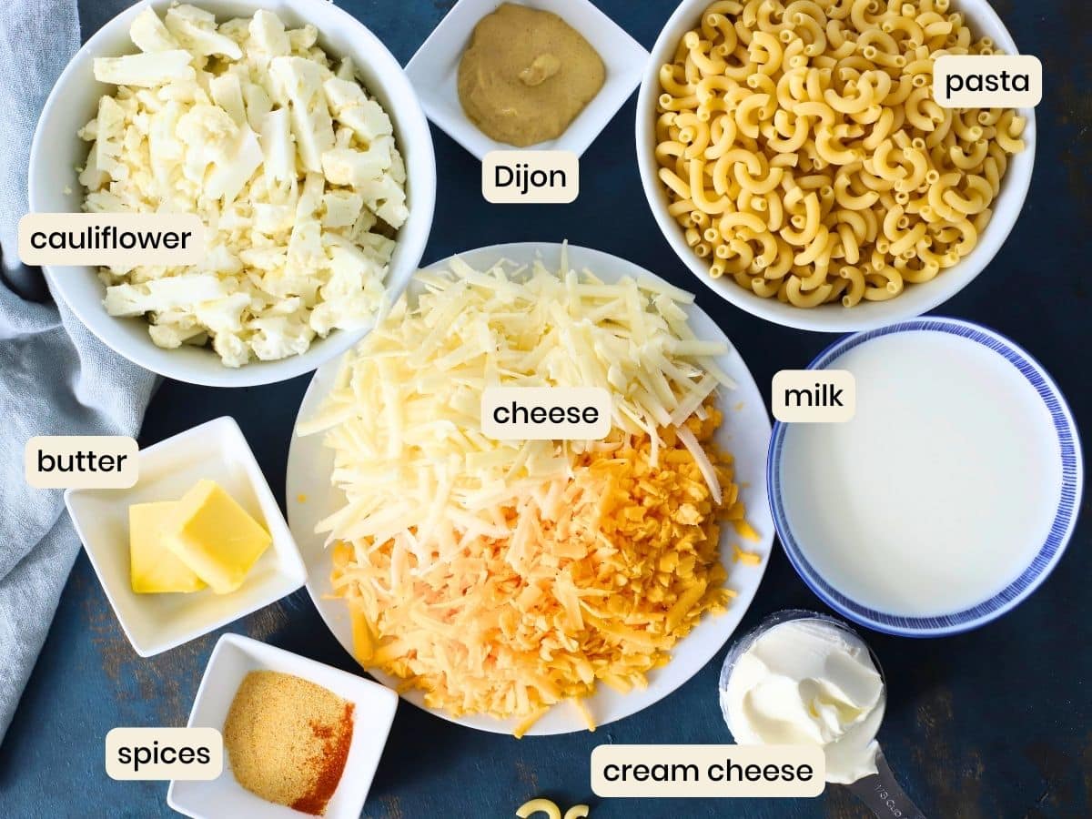 Ingredients to make cauliflower mac and cheese.