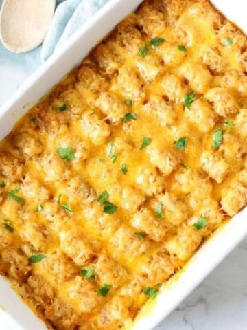 cheeseburger tater tot casserole in a baking dish