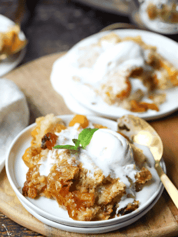 Crock pot peach cobbler on a plate