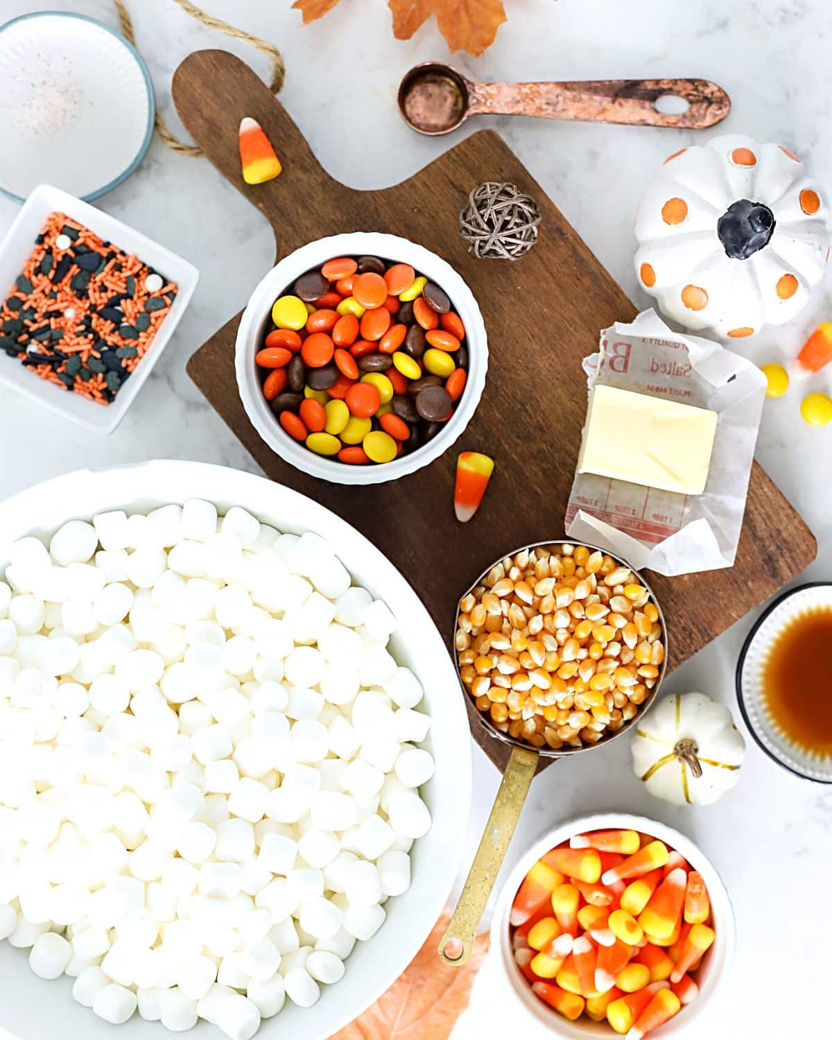 Ingredients to make popcorn balls.