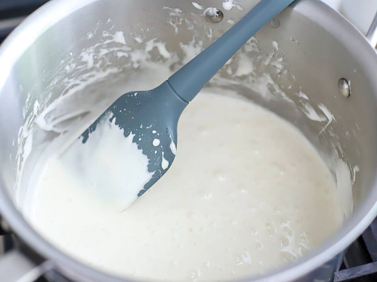 Melted marshmallows in a pan.