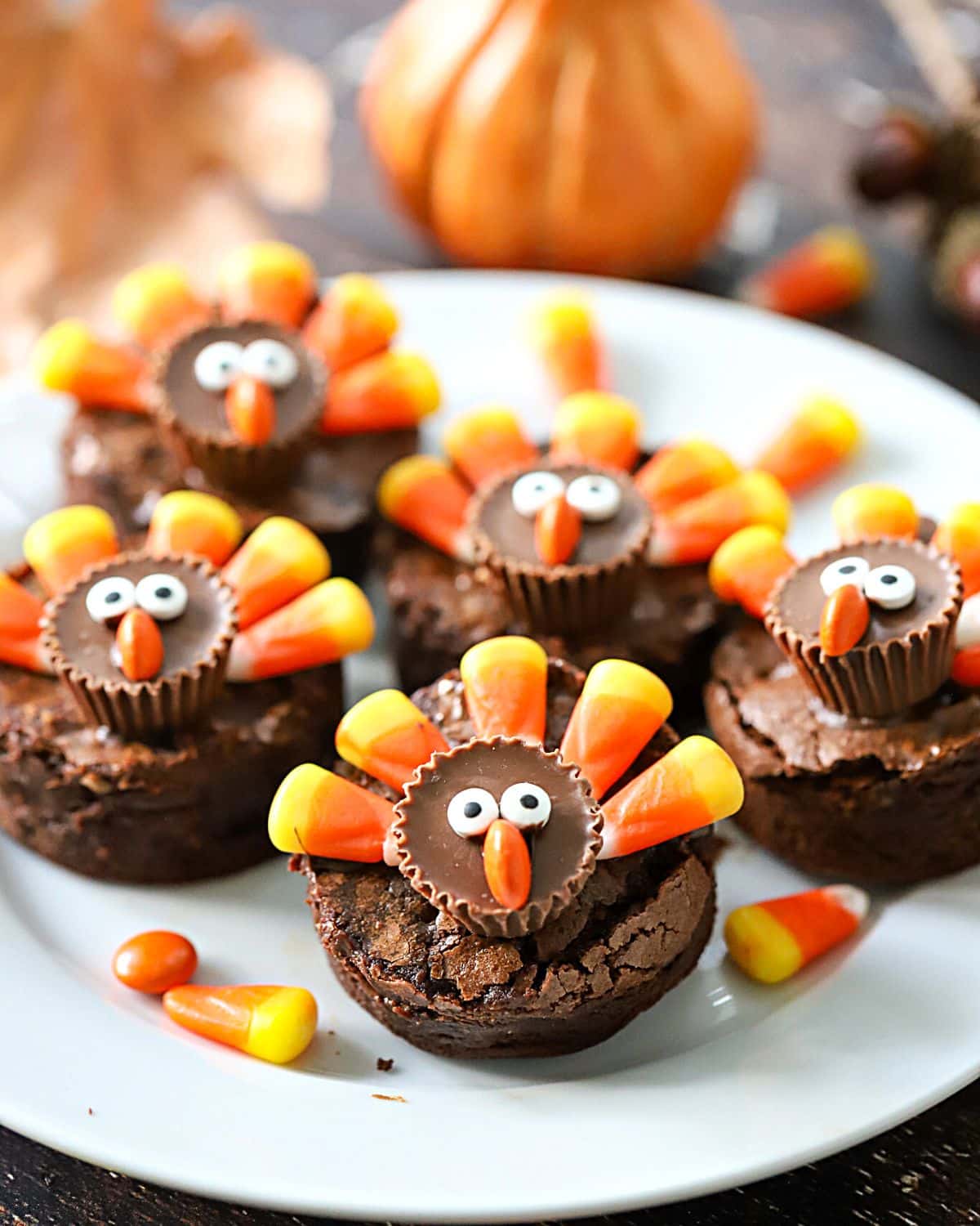 Plate full of Thanksgiving Turkey Brownies.