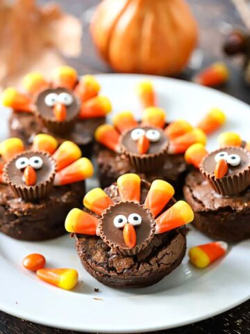 Plate full of Thanksgiving Turkey Brownies.