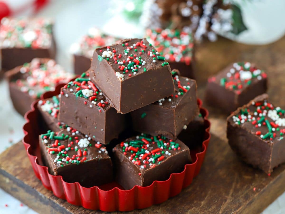 Fudge stacked in a bowl.