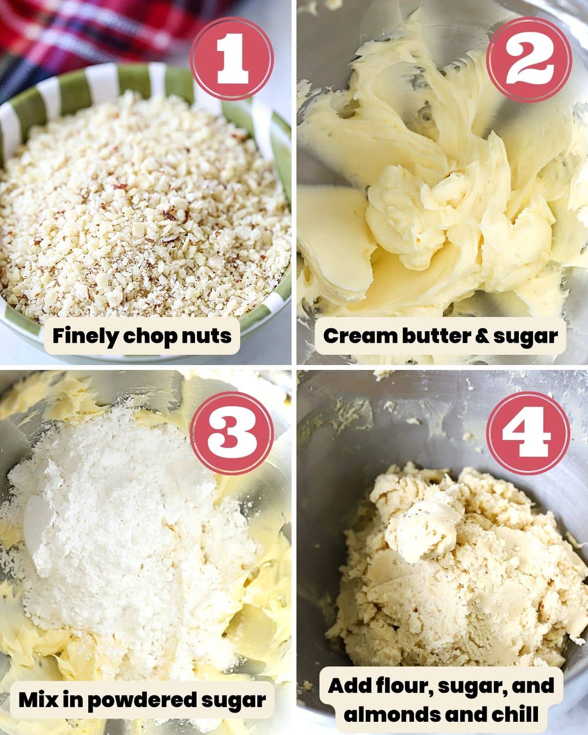 The first 4 steps to make a snowball cookie.