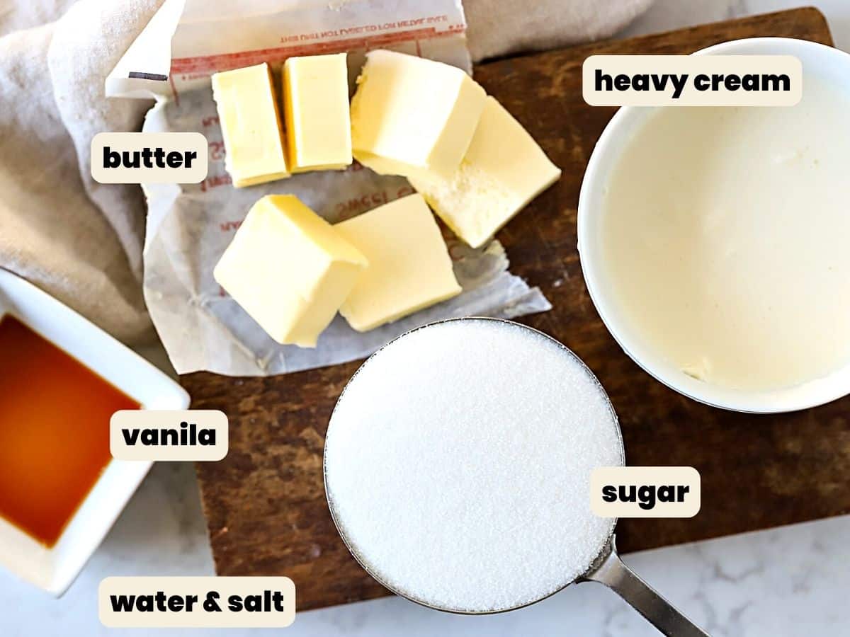 Top down image of the ingredients to make caramel sauce.