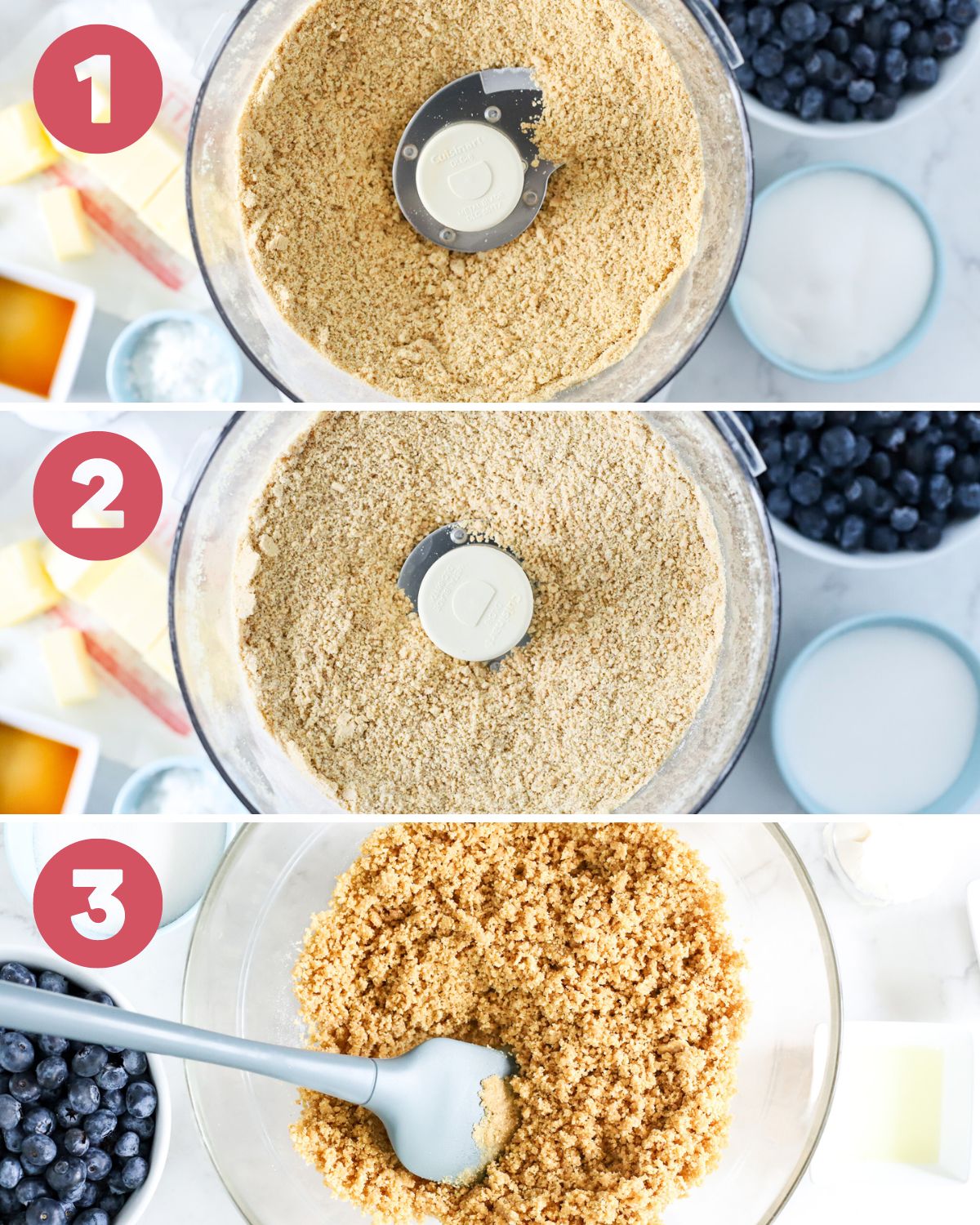 Images showing the steps to make a graham cracker crust.