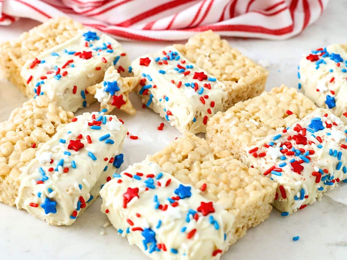 Fourth of July Rice Krispie Treats on a counter.