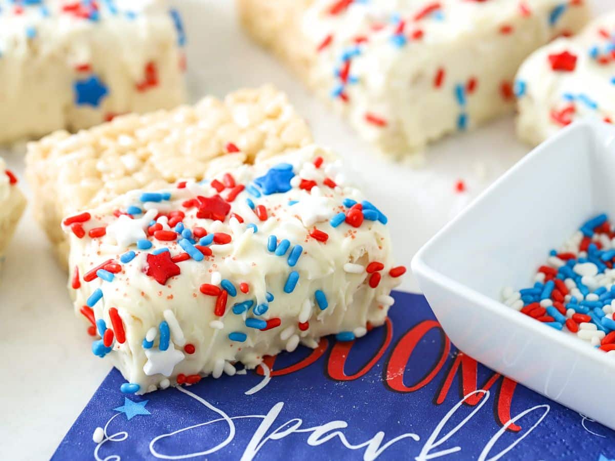 Rice Krispie treats with red, white, and blue sprinkles.