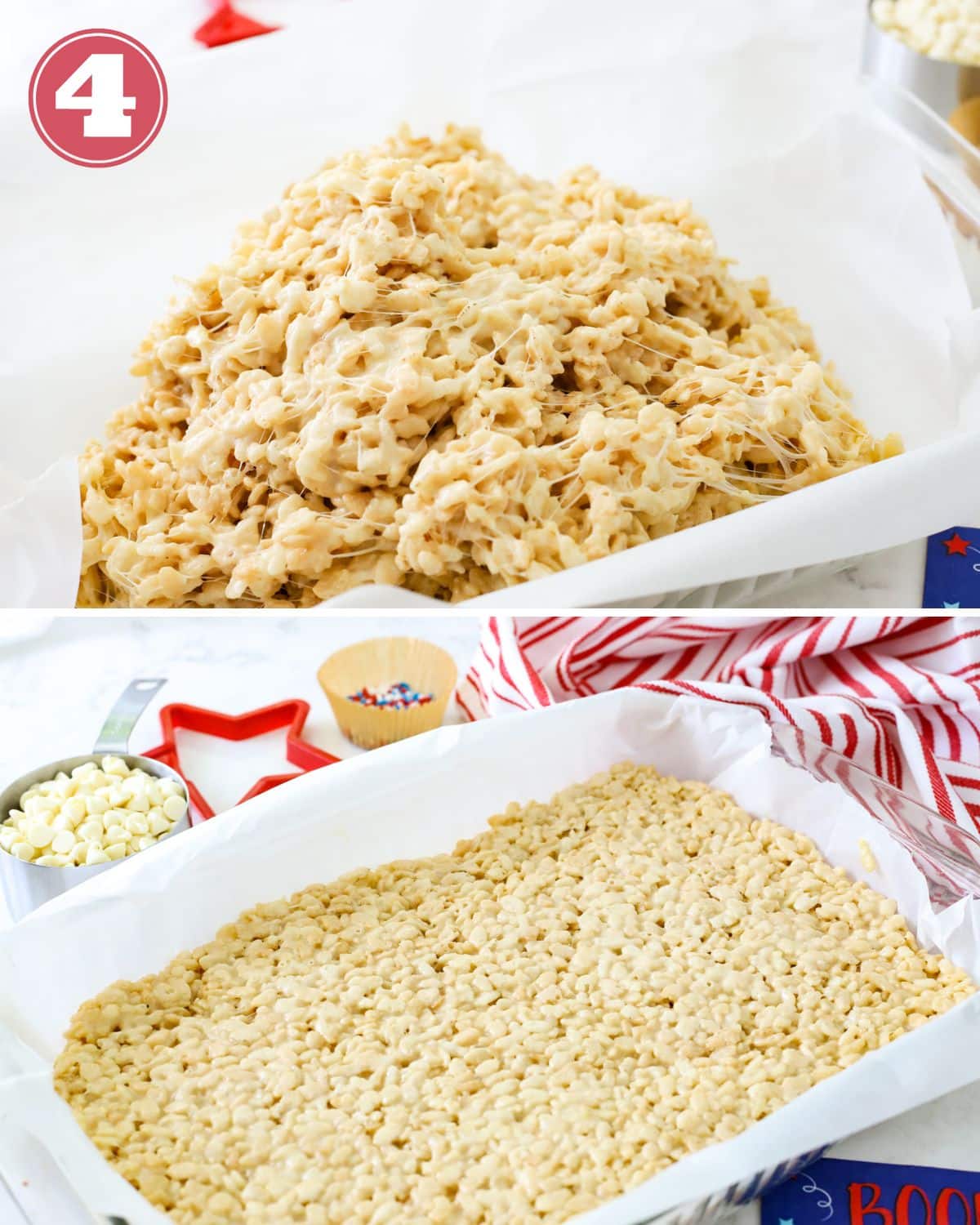 Rice krispie treats mixture being spread into a pan.