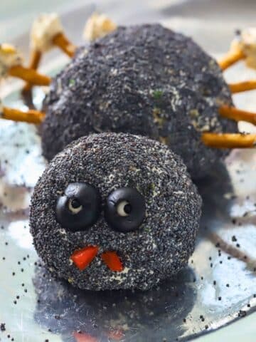 Spider cheese ball with pretzel legs.