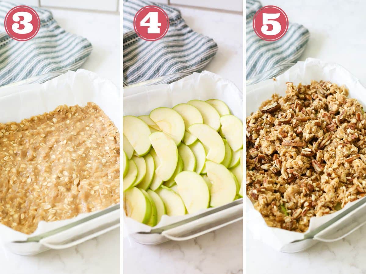 Step to make apple oat bars in a baking pan.