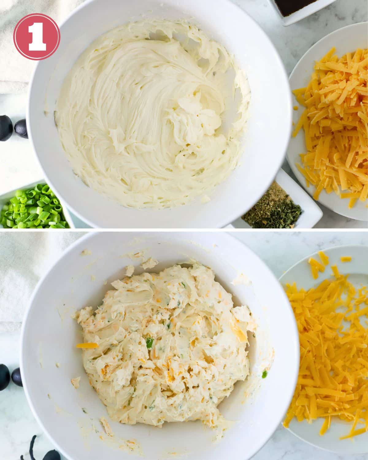 Cheese ball ingredients in a bowl.