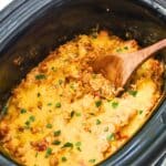 A cooked crock pot ground pork casserole.