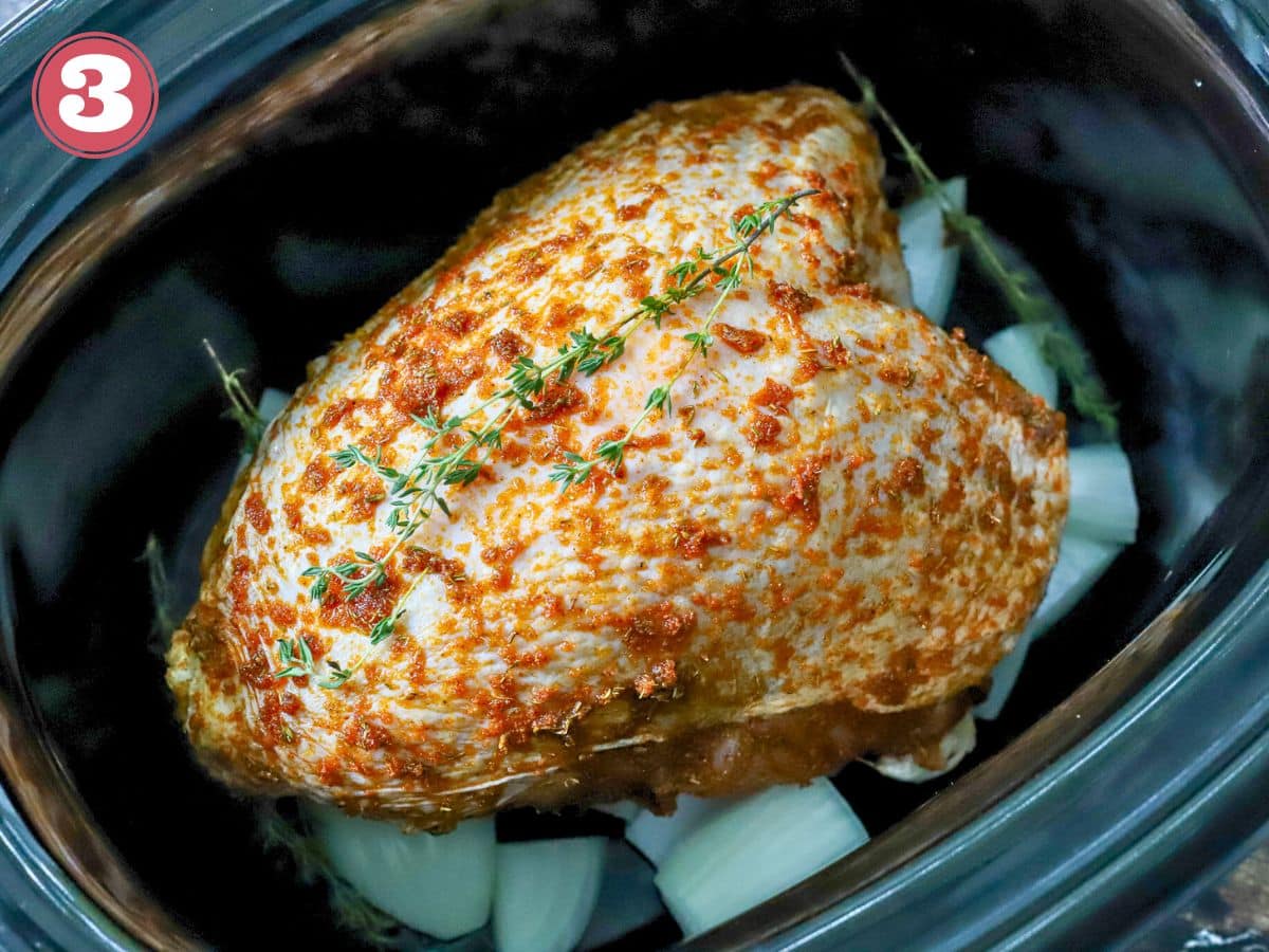 Slow cooker with a turkey breast in it.