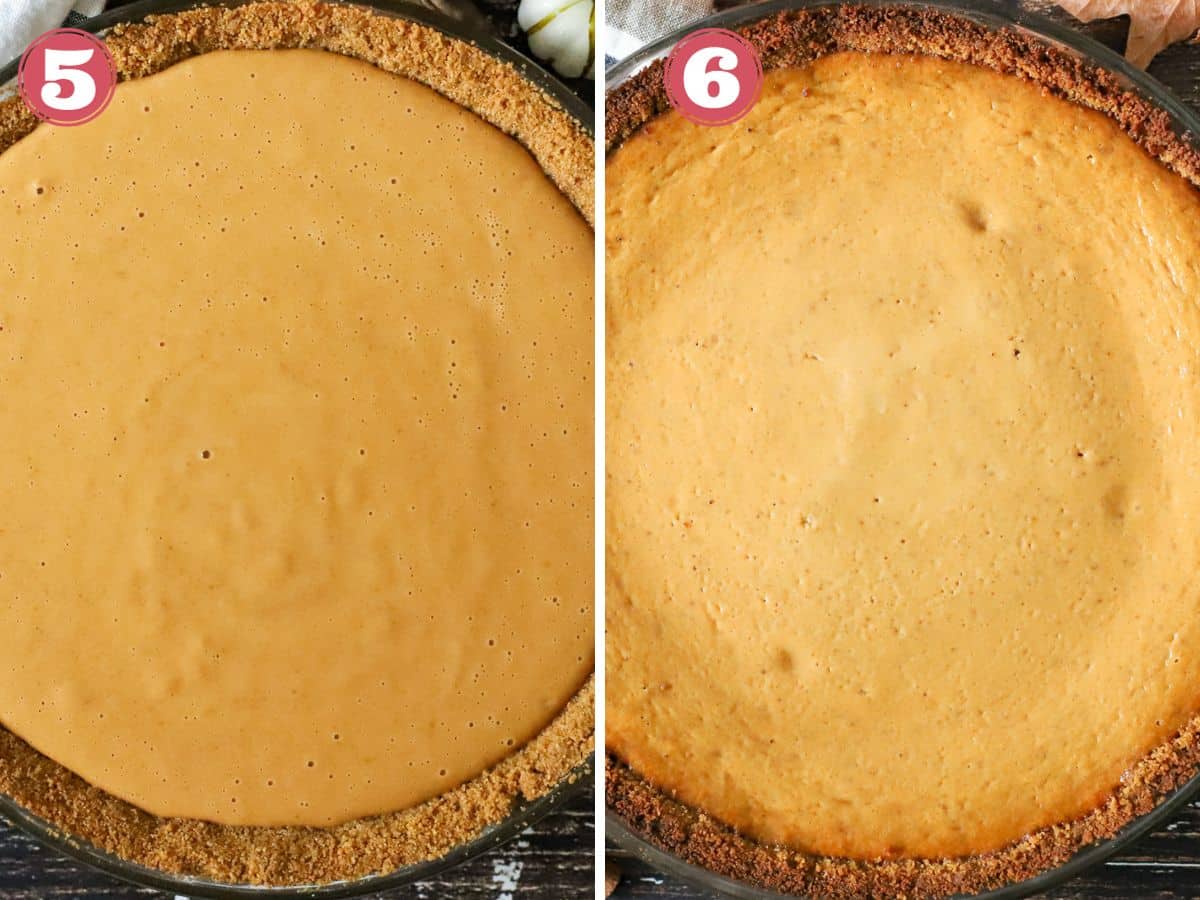 Picture of a pre-baked and baked pumpkin pie.