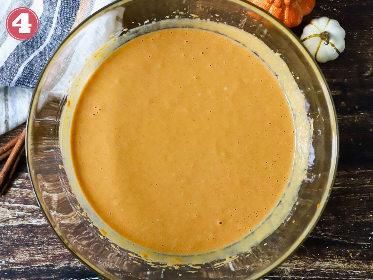 Pumpkin pie filling in a mixing bowl.