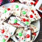 Plate of Christmas Bark with M&Ms and sprinkles.