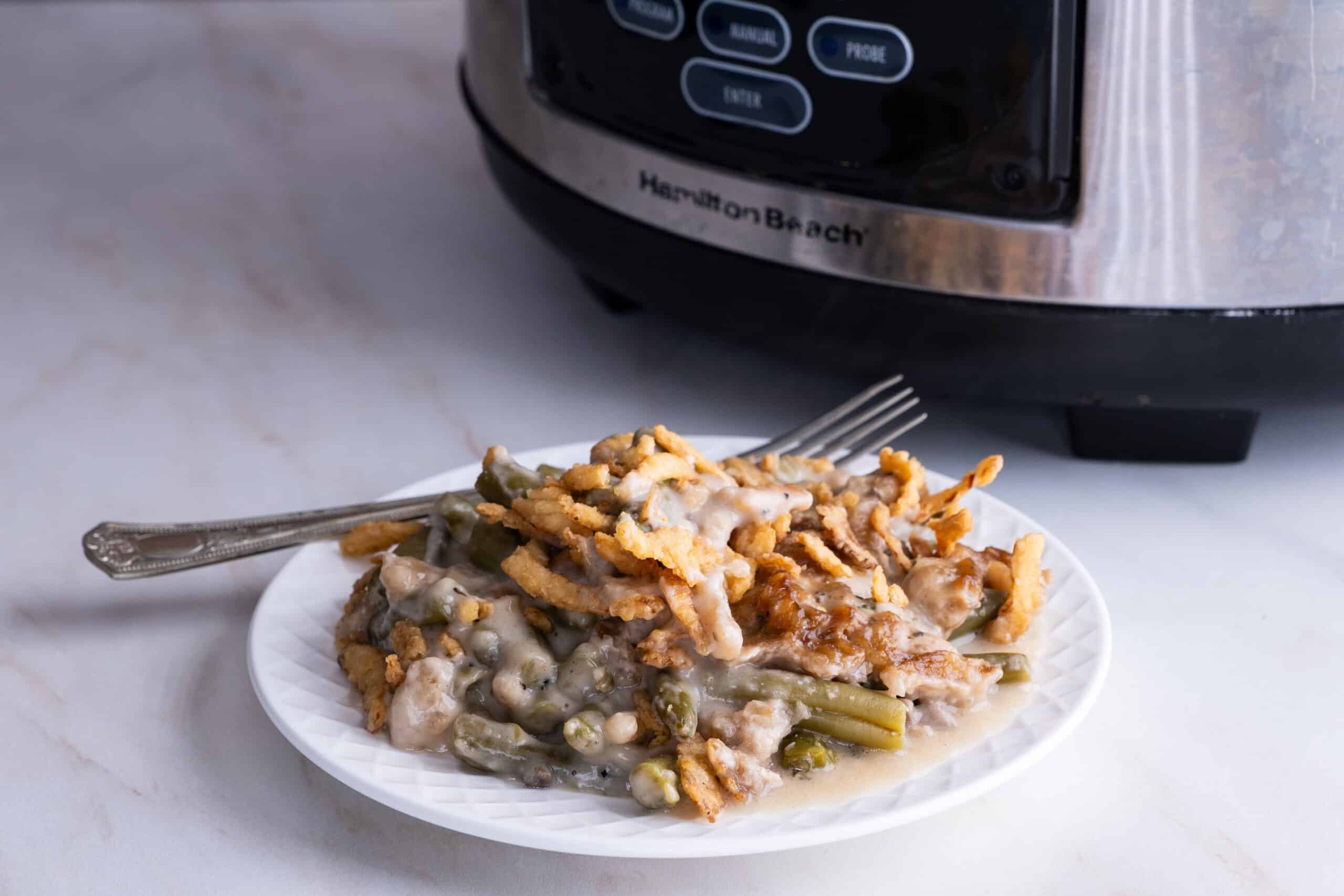 One serving of green bean casserole