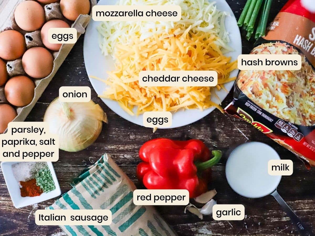 Ingredients to make an Italian sausage breakfast casserole.