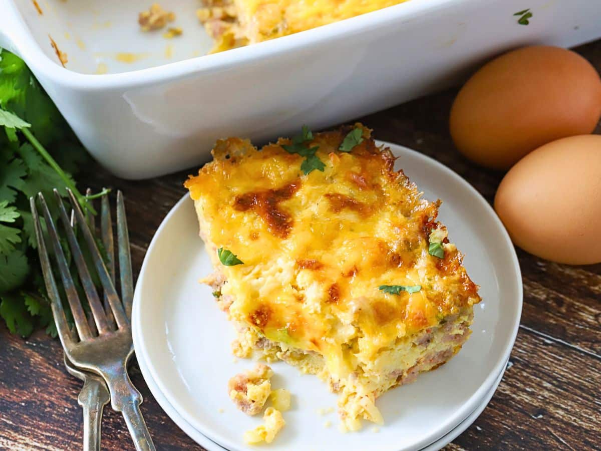 A slice of Italian sausage breakfast casserole on a plate.