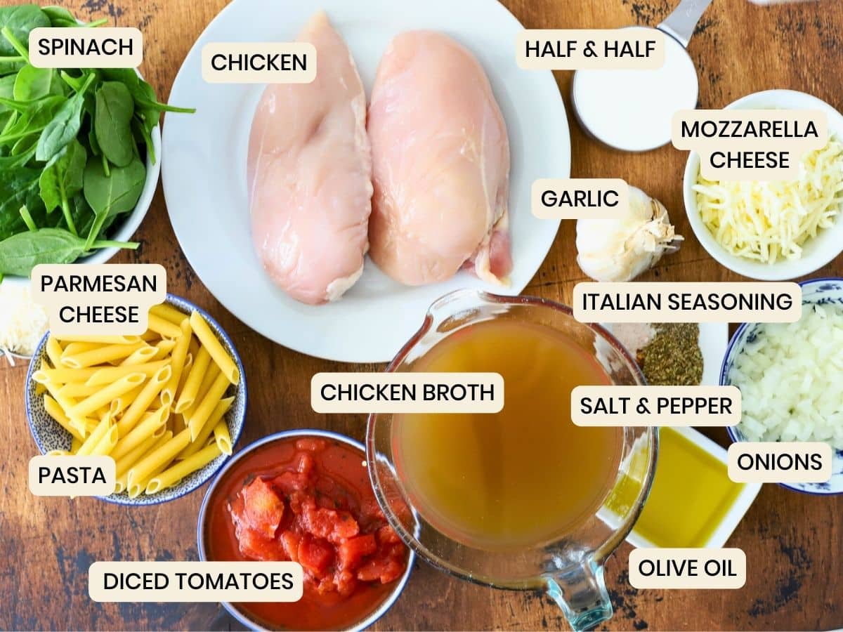 Ingredients to make creamy chicken spinach pasta with.