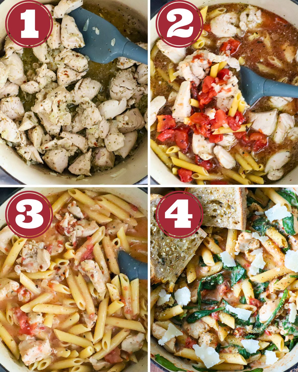 STeps to make spinach chicken pasta in one pan.