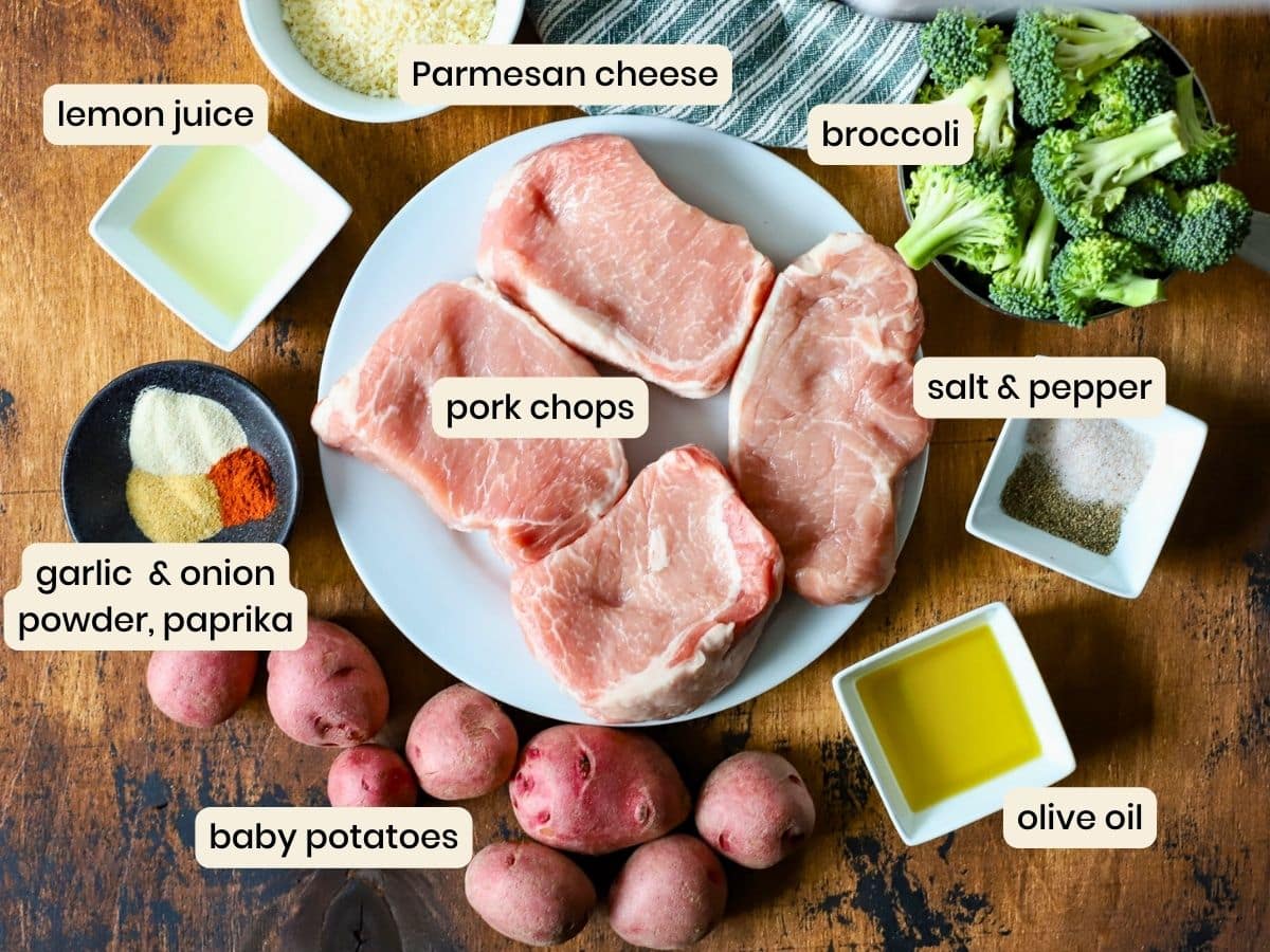 Ingredients to make baked pork chops, potatoes and broccoli.