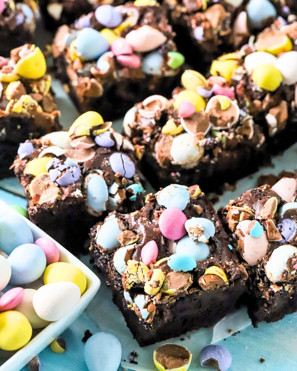 Easter brownies with Cadbury mini eggs on top.