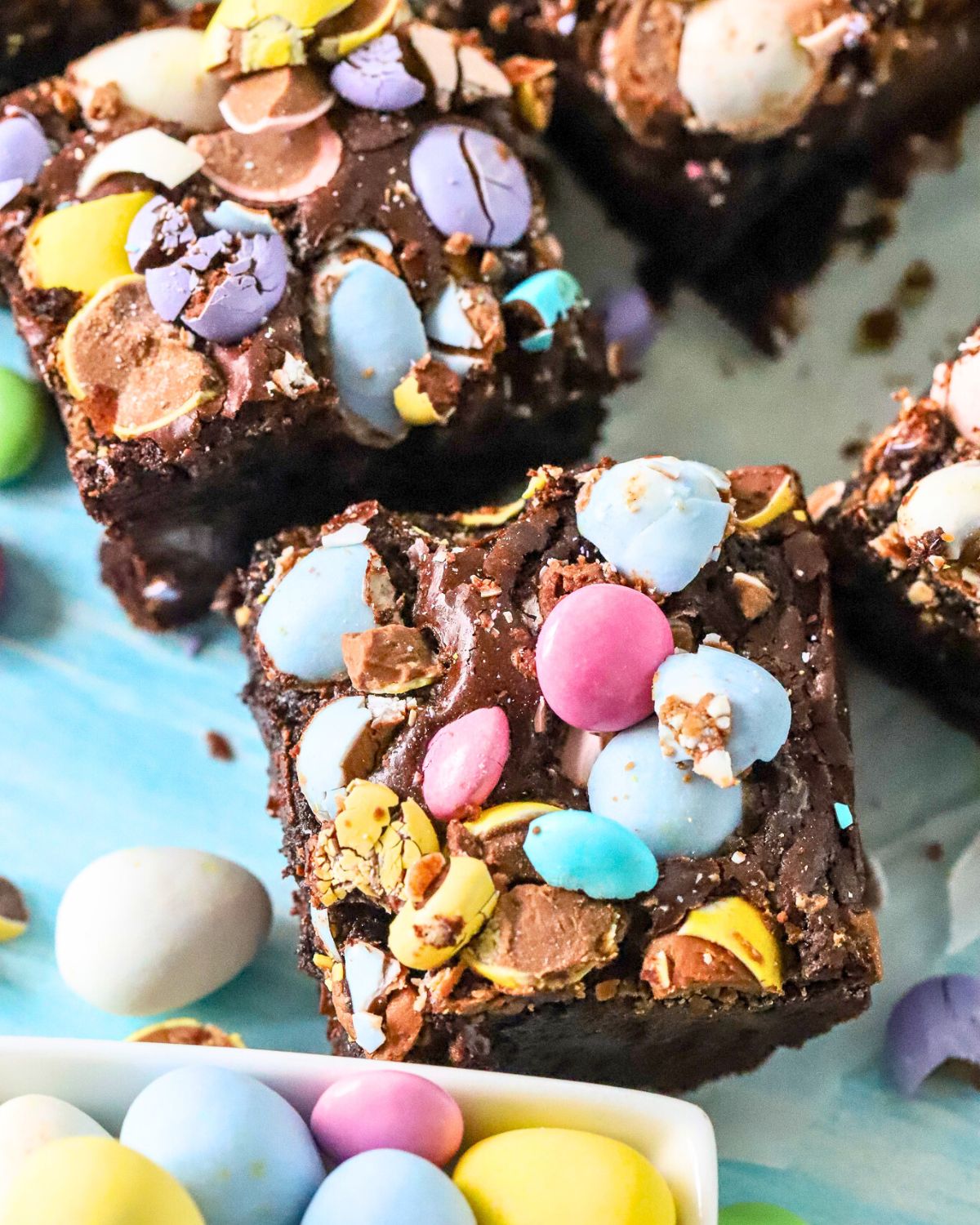 A brownie square decorated with Easter candy.