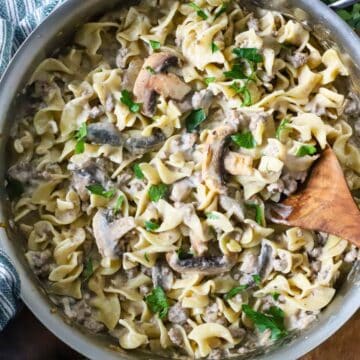 Pot filled with ground beef stroganoff.