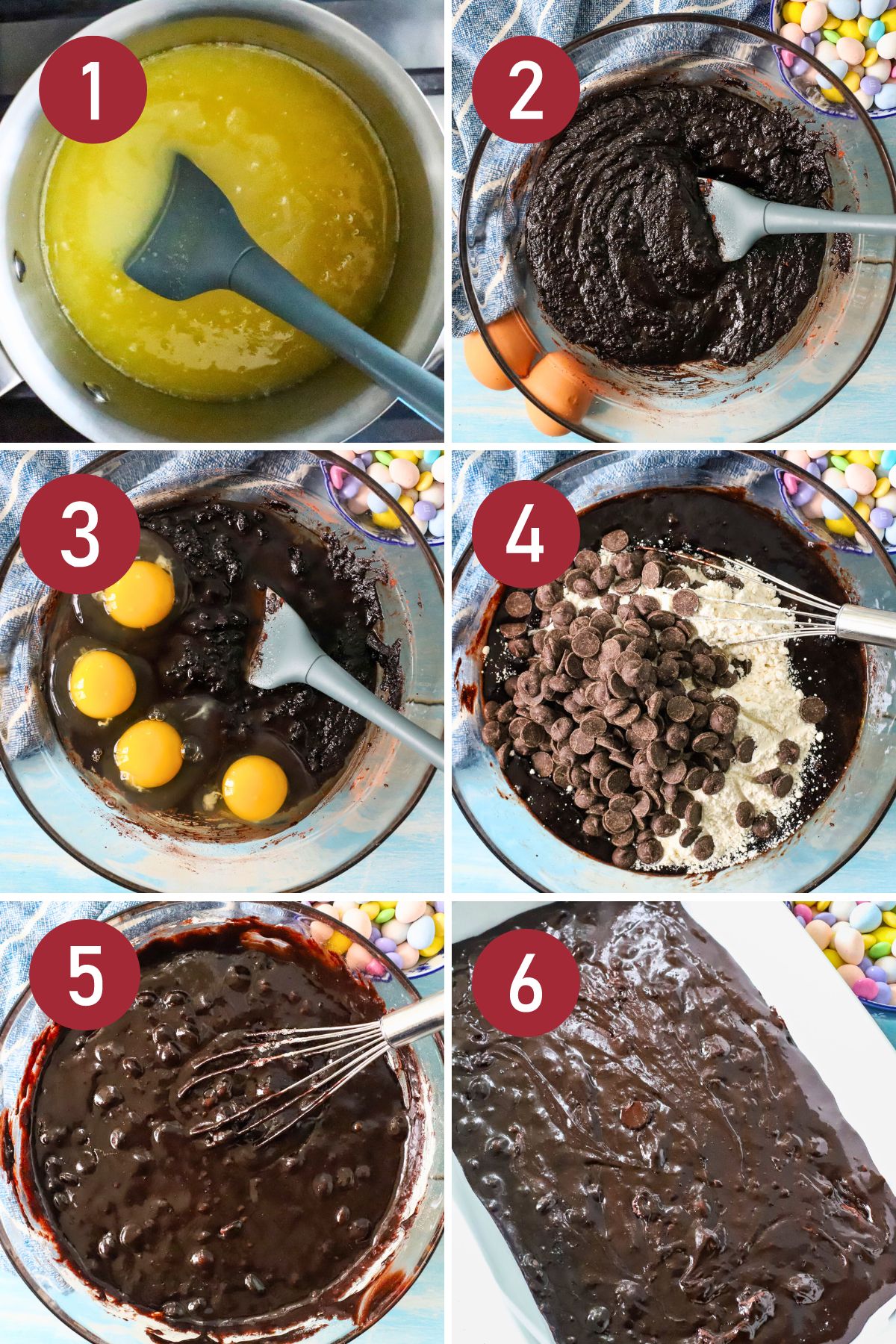 Process images for how to make brownies for Easter.