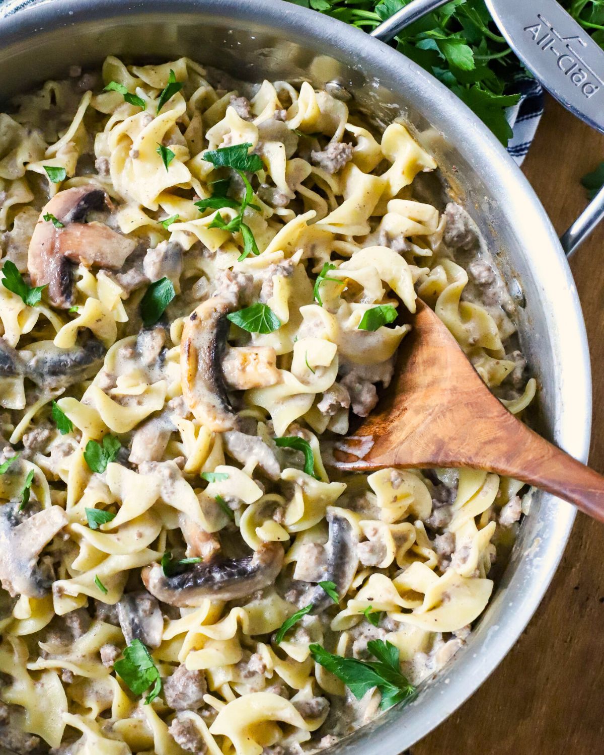 A pot full of beef stroganoff.