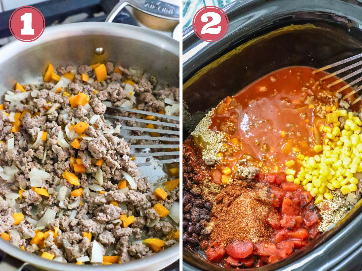 Images showing how to cook a Mexican casserole in a slow cooker.