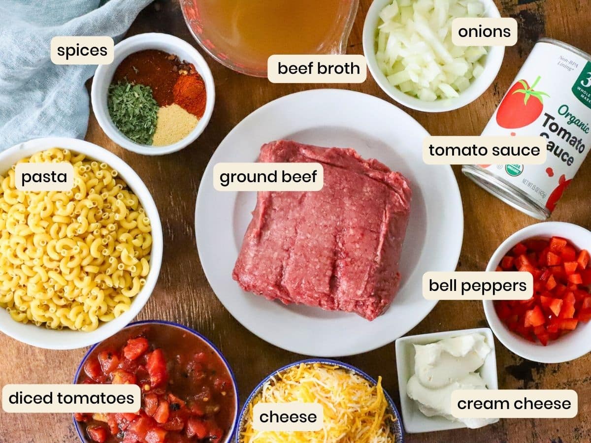 Ingredients to make ground beef casserole.