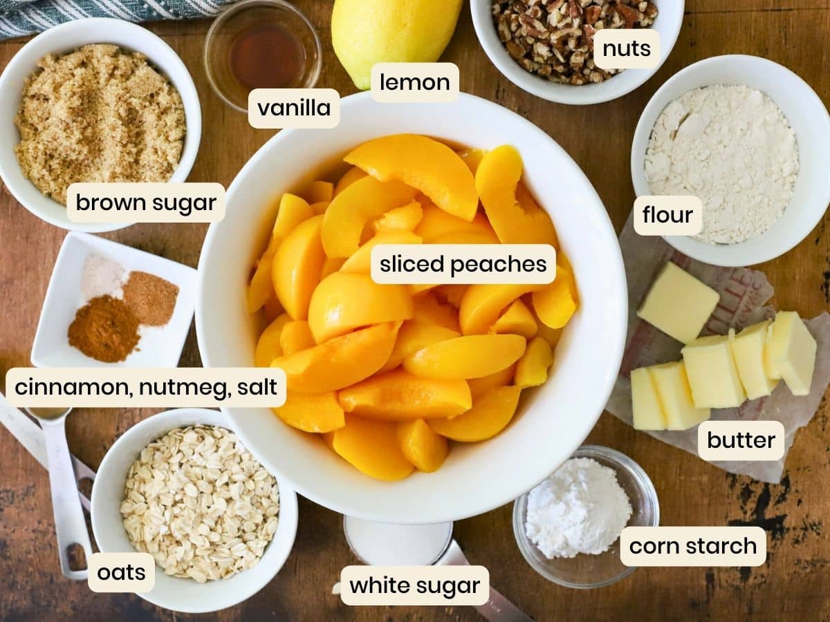 Ingredients to make a peach crisp.