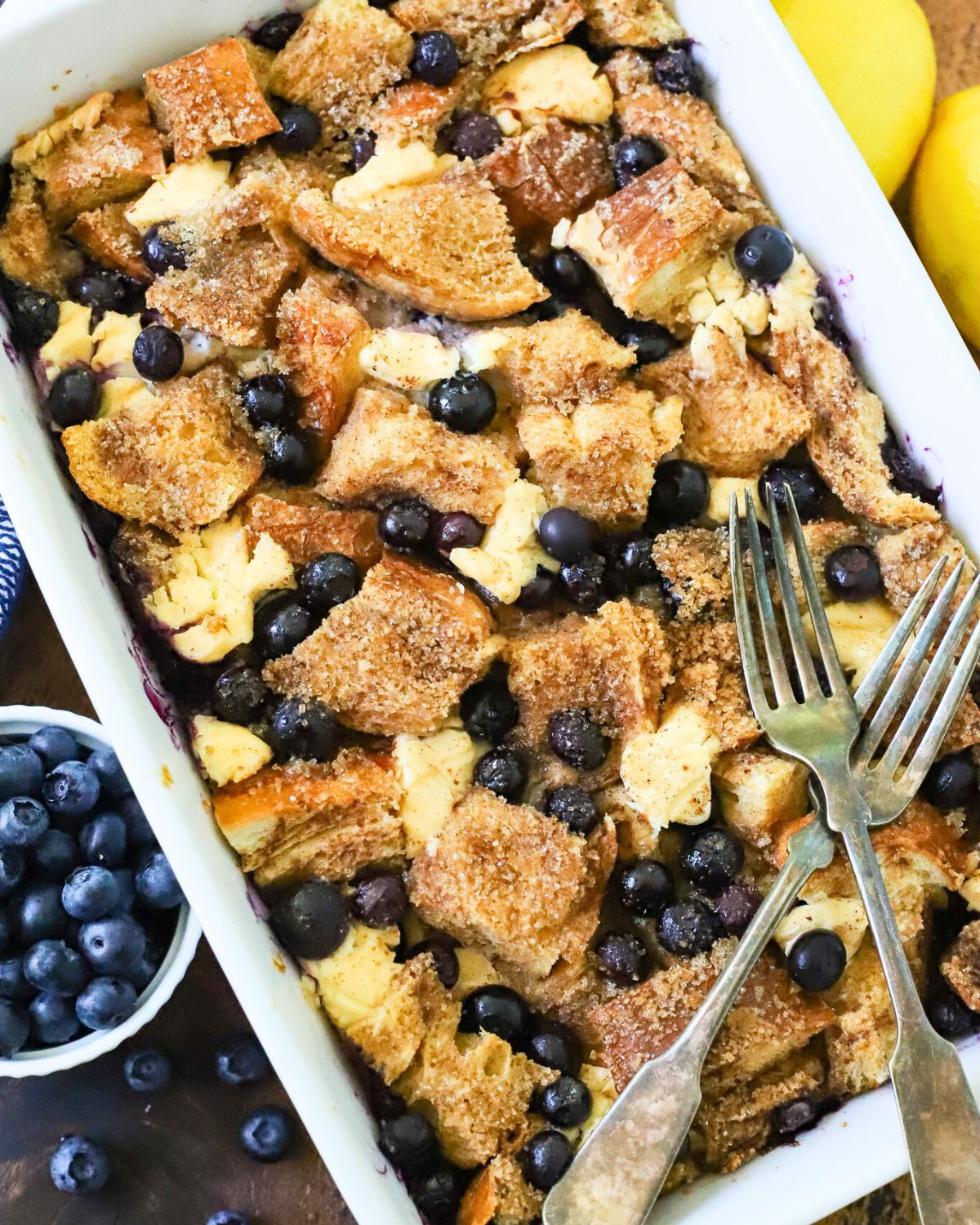 A baked French Toast Casserole in a baking dish.