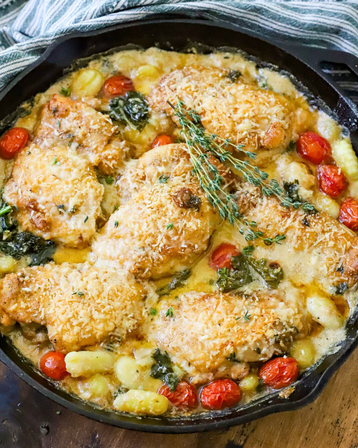 Pan with a creamy chicken and gnocchi recipe.