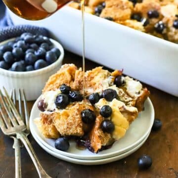 Syrup being poured over French Toast Casserole.