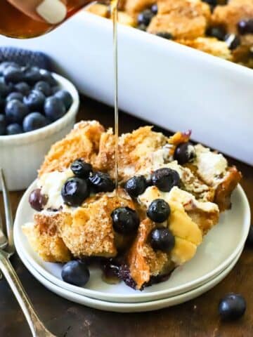 Syrup being poured over French Toast Casserole.