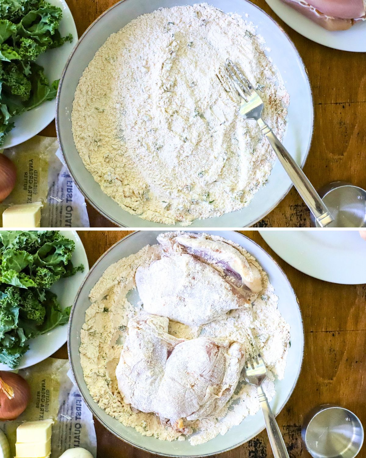 Bowl with flour and a bowl with chicken dredged in flour.