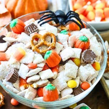 Halloween Puppy Chow in a bowl.